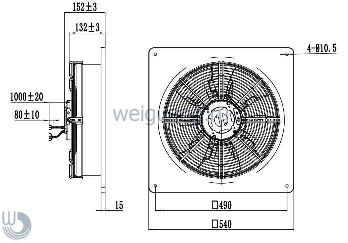 Габаритные размеры осевого вентилятора EC102/50E3G01-AS400/88S1-01-B1 Weiguang