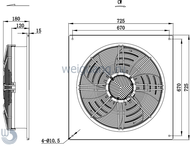 Габаритные размеры осевого вентилятора EC137/40E3G01-AS550/96S1-01-B1 Weiguang