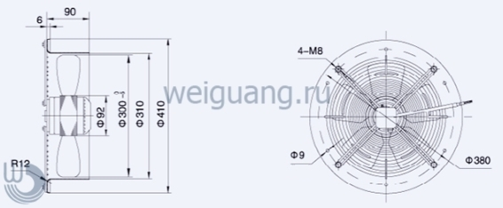 Габаритные размеры осевого вентилятора YWF-4D-300-S-92/35-R Weiguang Габаритные размеры осевого вентилятора YWF-4D-300-S-92/35-R Weiguang