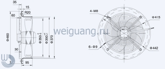 Габаритные размеры осевого вентилятора YWF-4D-350-S-92/25-R Weiguang Габаритные размеры осевого вентилятора YWF-4D-350-S-92/25-R Weiguang