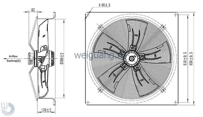 Габаритные размеры осевого вентилятора YWF-6D-710-S-180/105-G Weiguang