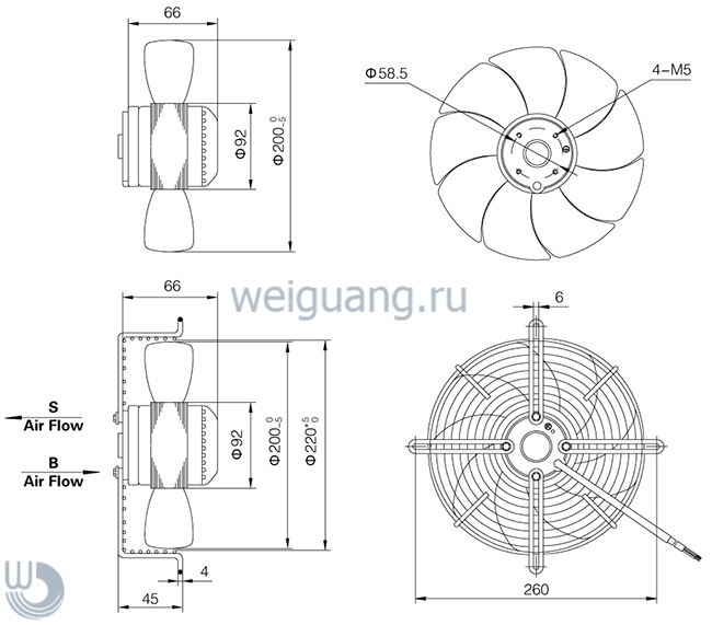 Габаритные размеры осевого вентилятора YWF 2 E 200 B 92 / 25 G 3S Weiguang Габаритные размеры осевого вентилятора YWF 2 E 200 B 92 / 25 G 3S Weiguang