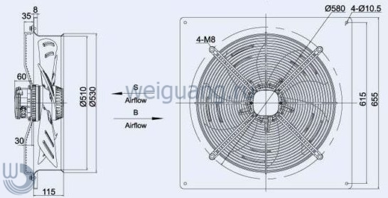 Габаритные размеры осевого вентилятора YWF4D-500-S-137/35-B Weiguang Габаритные размеры осевого вентилятора YWF4D-500-S-137/35-B Weiguang