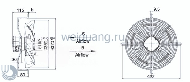 Габаритные размеры осевого вентилятора YWF4E-350B-102/47-G Weiguang